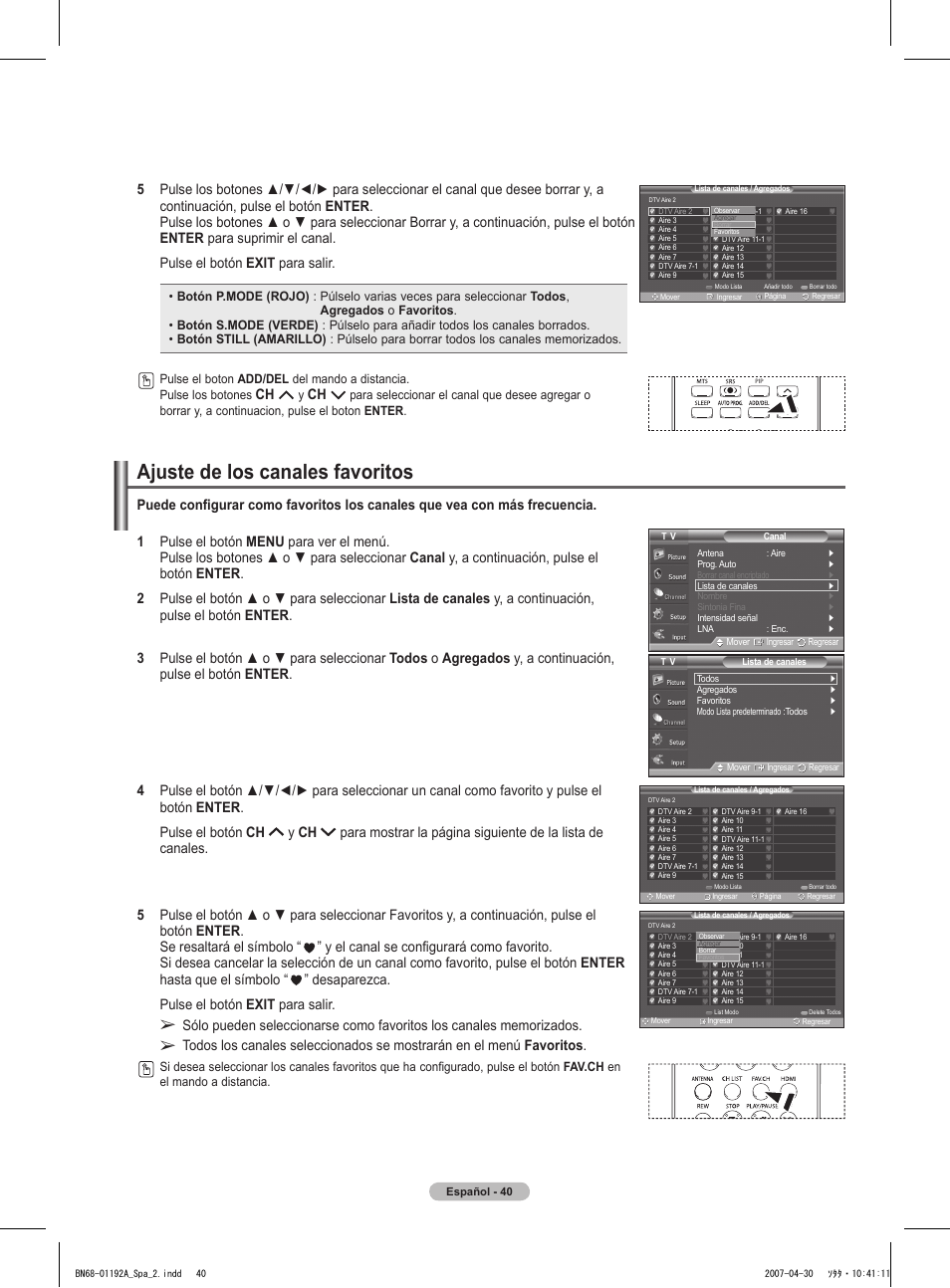 Ajuste de los canales favoritos | Samsung HPT4234X-XAA User Manual | Page 108 / 136
