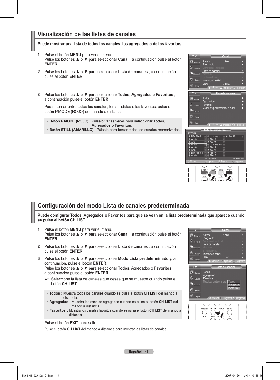 Visualización de las listas de canales, Pulse el botón exit para salir | Samsung HPT4234X-XAA User Manual | Page 109 / 136