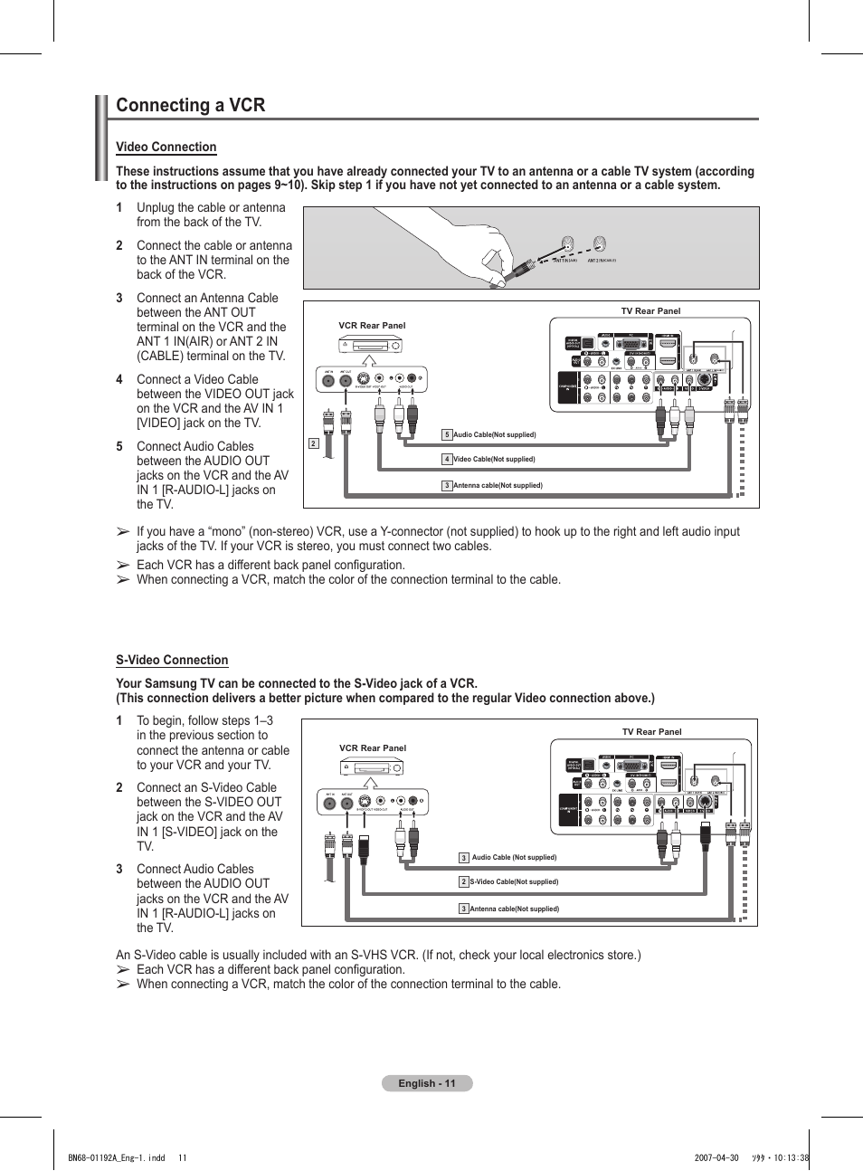 Connecting a vcr | Samsung HPT4234X-XAA User Manual | Page 11 / 136