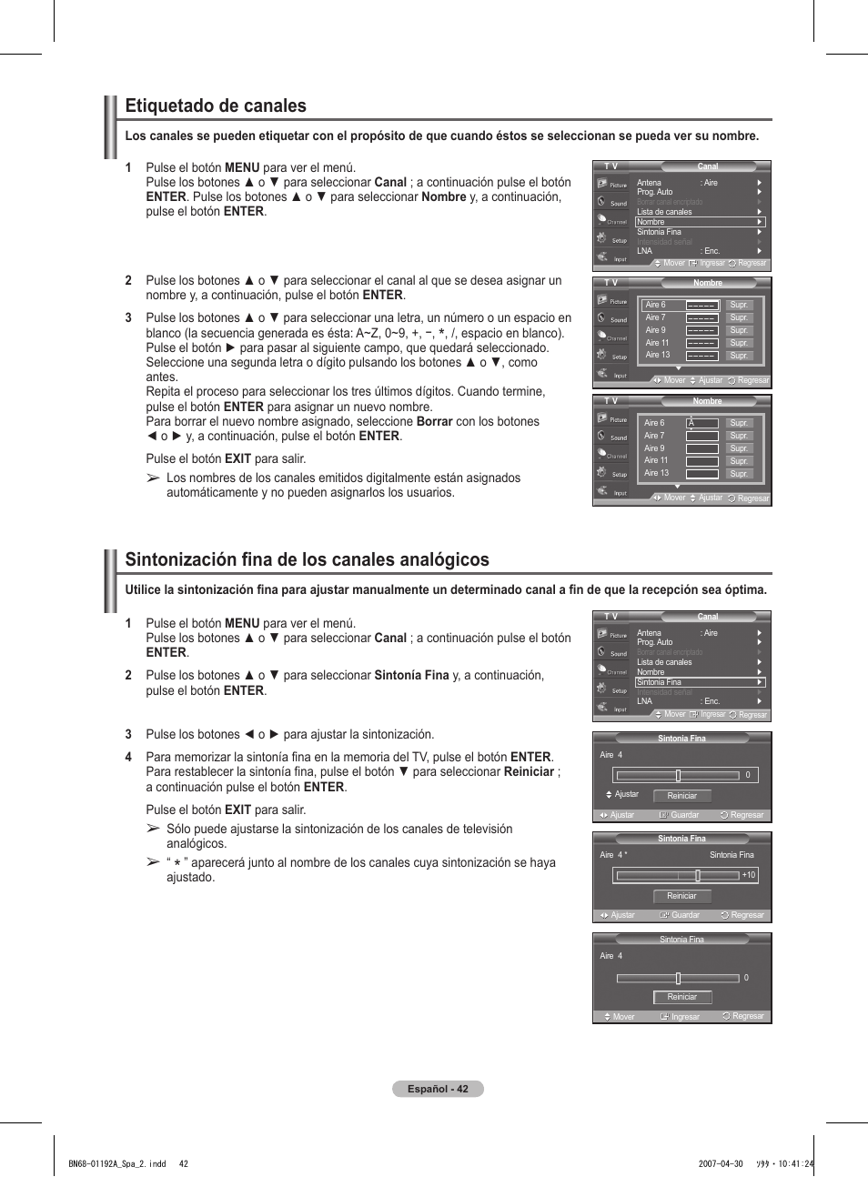 Etiquetado de canales, Sintonización fina de los canales analógicos | Samsung HPT4234X-XAA User Manual | Page 110 / 136