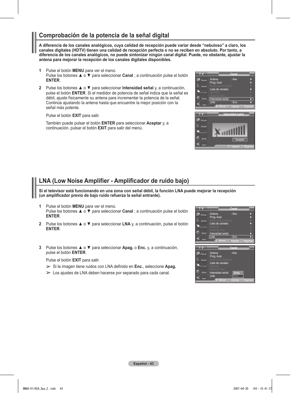 Comprobación de la potencia de la señal digital | Samsung HPT4234X-XAA User Manual | Page 111 / 136