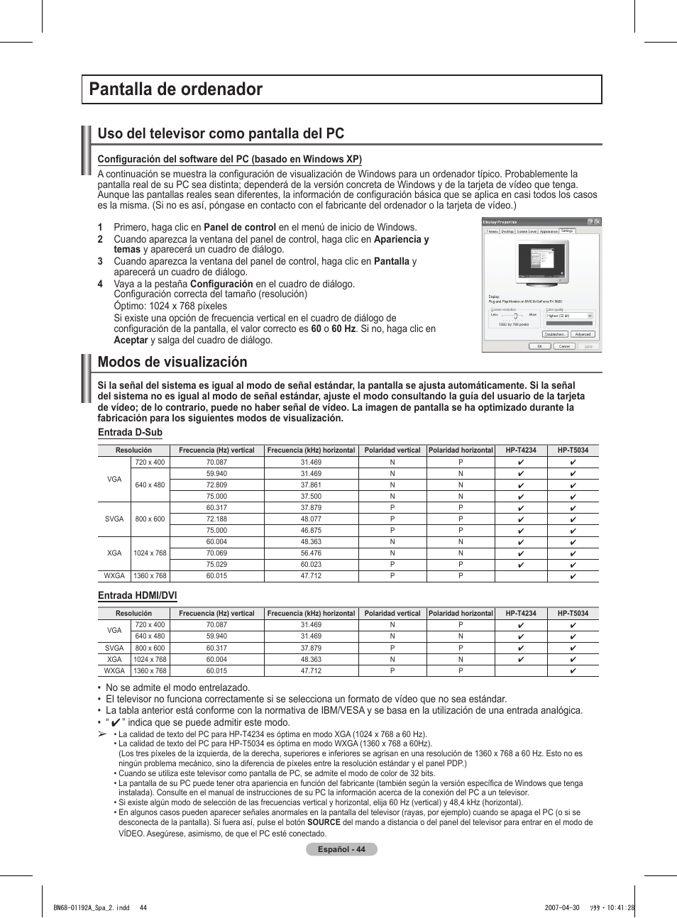 Pantalla de ordenador, Uso del televisor como pantalla del pc, Modos de visualización | Samsung HPT4234X-XAA User Manual | Page 112 / 136