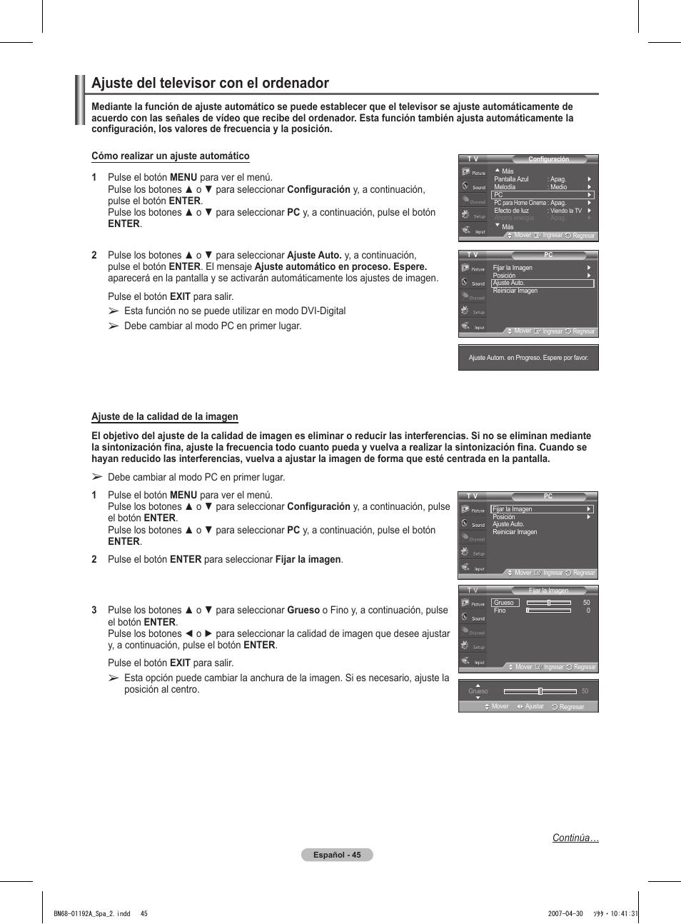 Ajuste del televisor con el ordenador | Samsung HPT4234X-XAA User Manual | Page 113 / 136