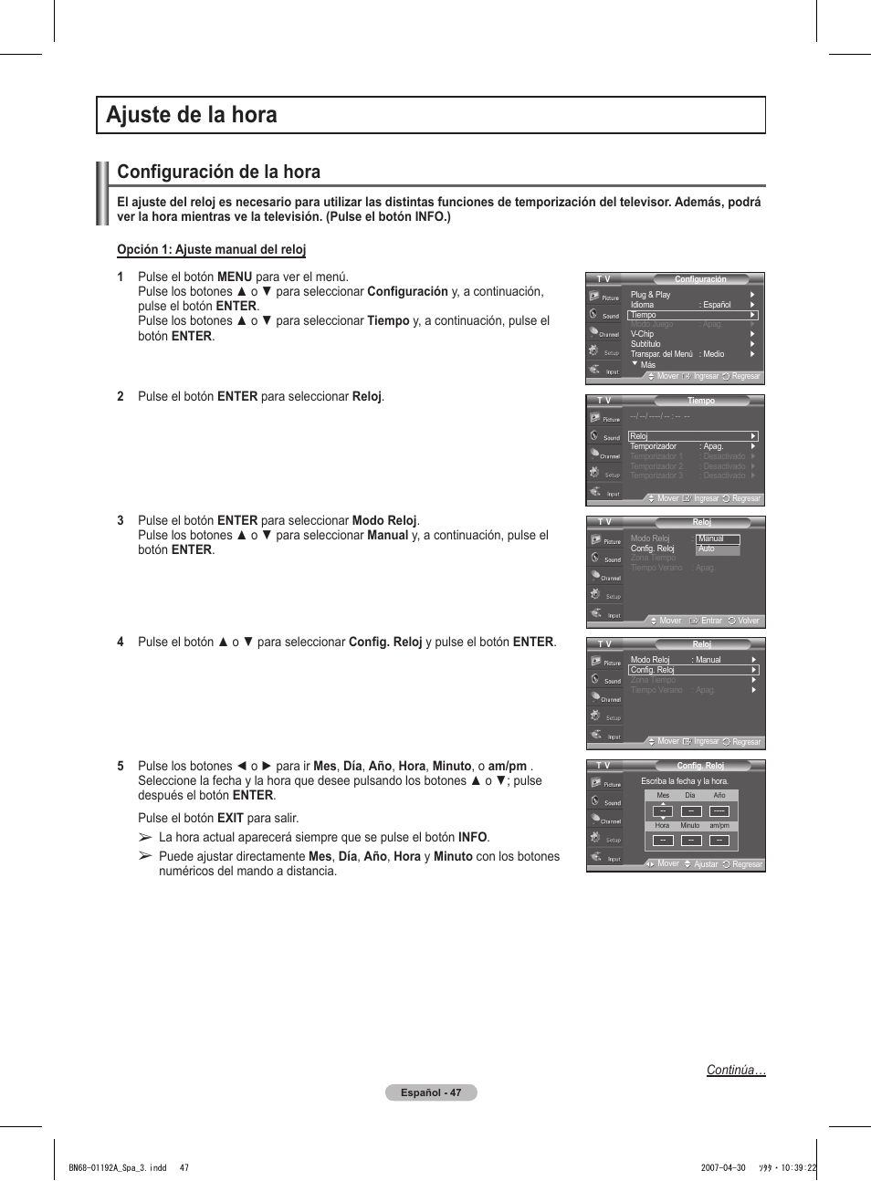 Ajuste de la hora, Configuración de la hora, Continúa | Samsung HPT4234X-XAA User Manual | Page 115 / 136