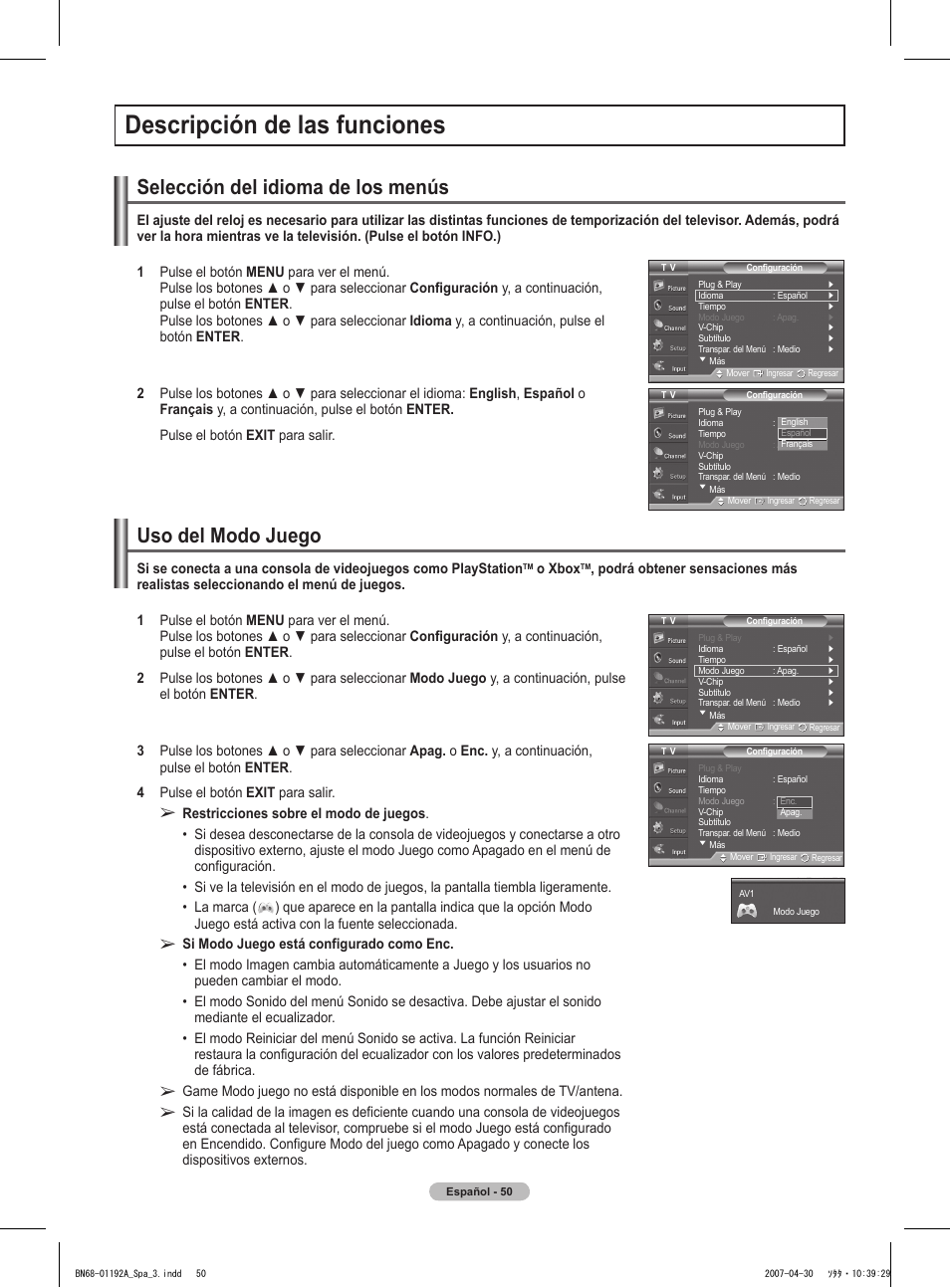Descripción de las funciones, Selección del idioma de los menús, Uso del modo juego | Samsung HPT4234X-XAA User Manual | Page 118 / 136