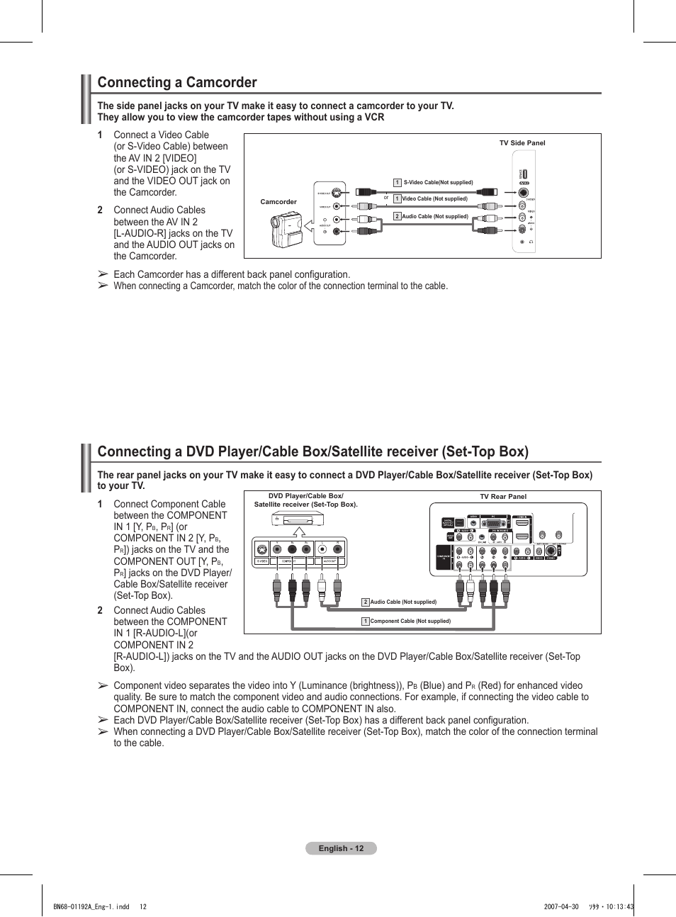 Connecting a camcorder | Samsung HPT4234X-XAA User Manual | Page 12 / 136