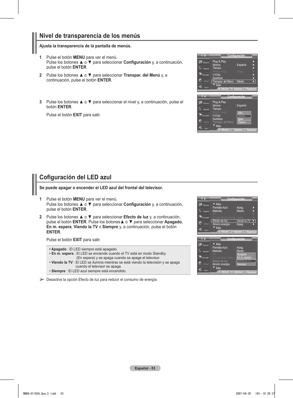 Nivel de transparencia de los menús, Cofiguración del led azul | Samsung HPT4234X-XAA User Manual | Page 121 / 136