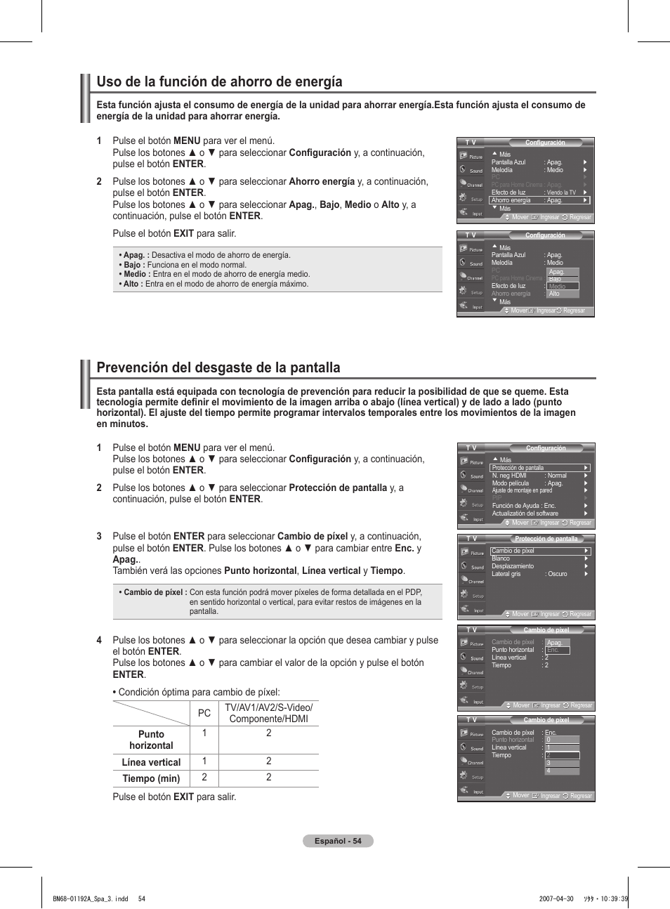 Uso de la función de ahorro de energía, Prevención del desgaste de la pantalla | Samsung HPT4234X-XAA User Manual | Page 122 / 136
