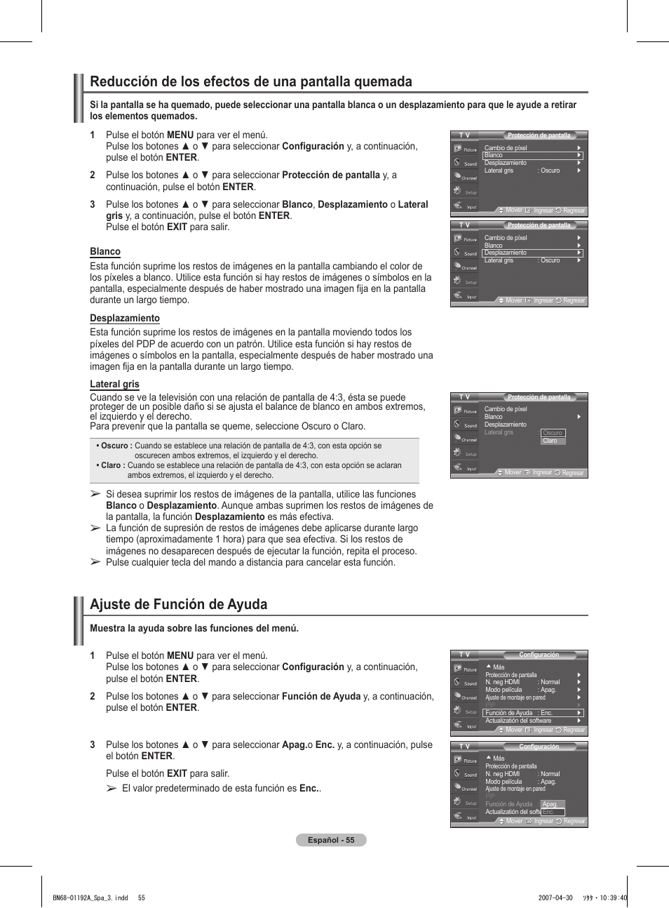 Ajuste de función de ayuda, Reducción de los efectos de una pantalla quemada | Samsung HPT4234X-XAA User Manual | Page 123 / 136