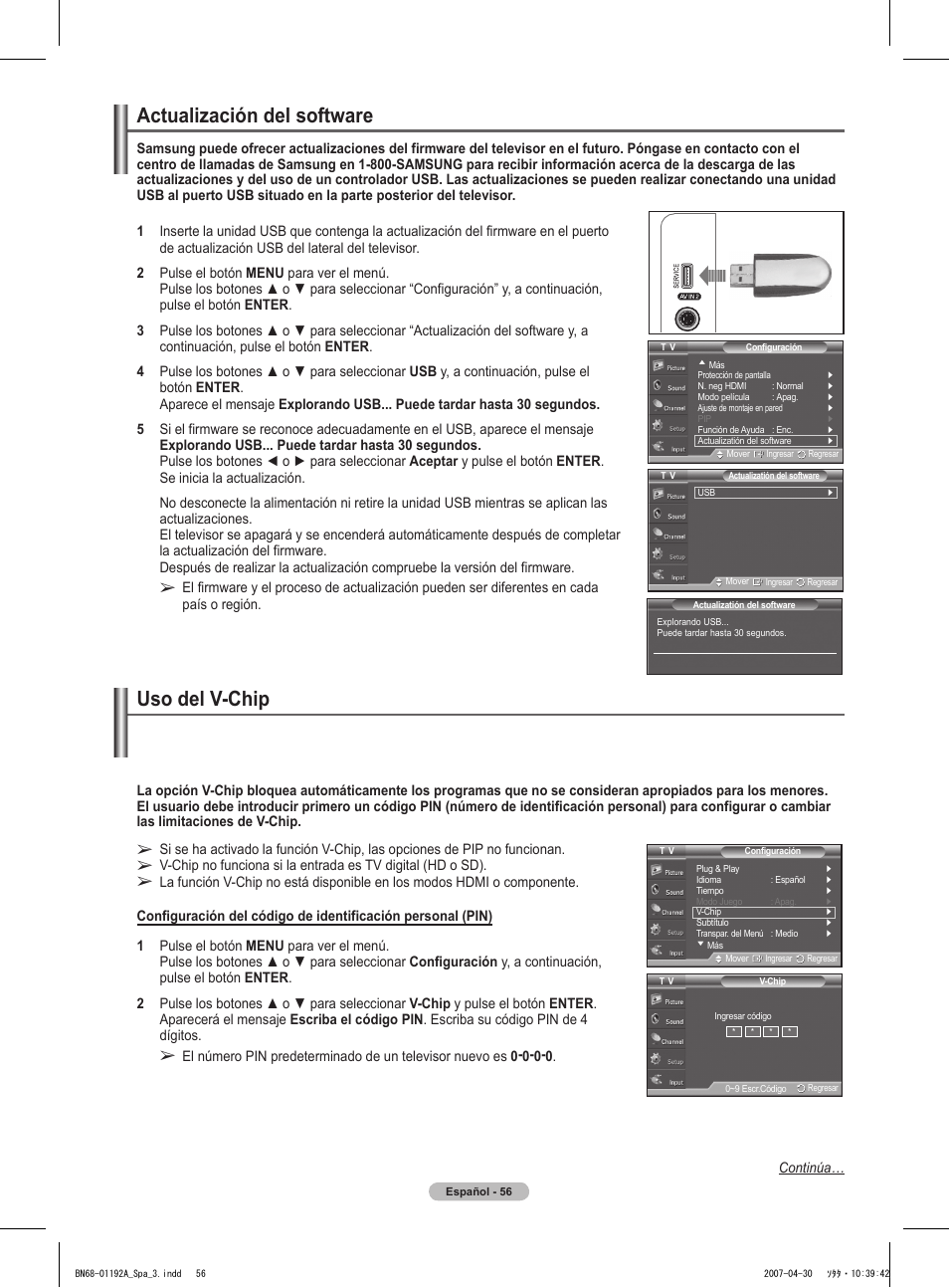 Uso del v-chip, Actualización del software | Samsung HPT4234X-XAA User Manual | Page 124 / 136