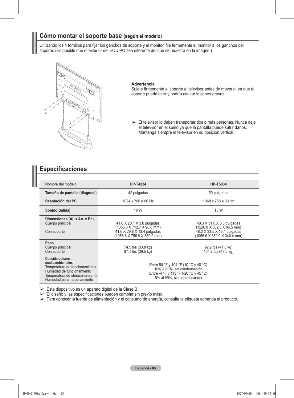 Cómo montar el soporte base, Especificaciones | Samsung HPT4234X-XAA User Manual | Page 133 / 136