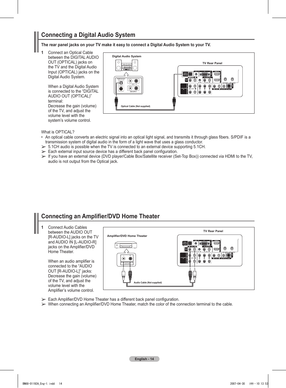 Connecting a digital audio system, Connecting an amplifier/dvd home theater | Samsung HPT4234X-XAA User Manual | Page 14 / 136