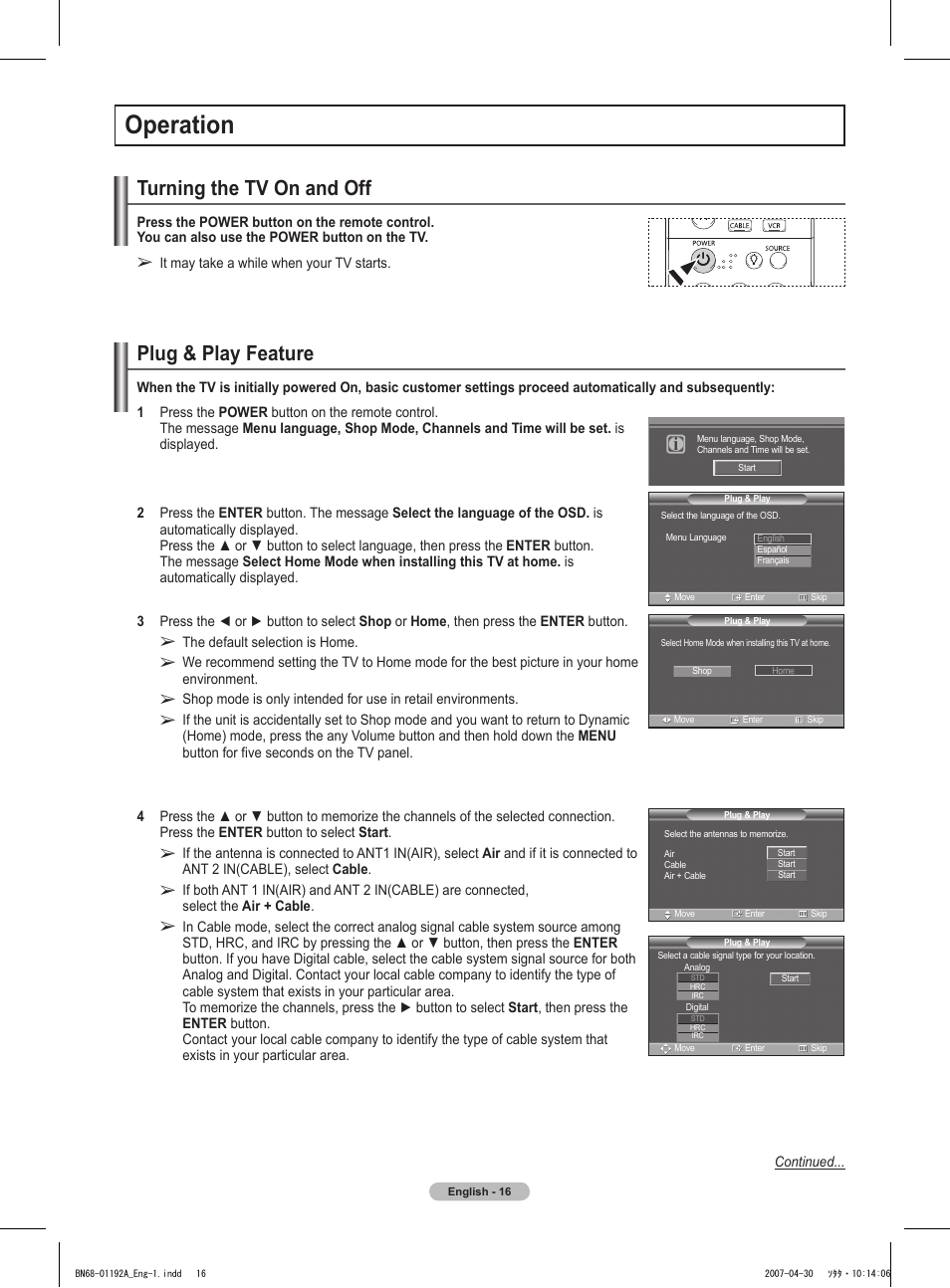 Operation, Turning the tv on and off, Plug & play feature | Samsung HPT4234X-XAA User Manual | Page 16 / 136