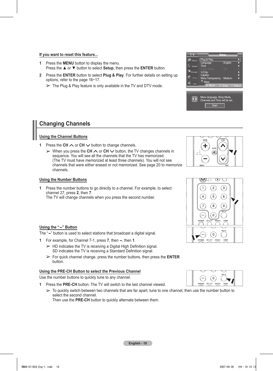 Changing channels | Samsung HPT4234X-XAA User Manual | Page 18 / 136