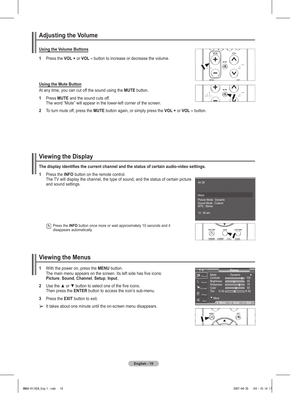 Adjusting the volume, Viewing the display, Viewing the menus | Samsung HPT4234X-XAA User Manual | Page 19 / 136