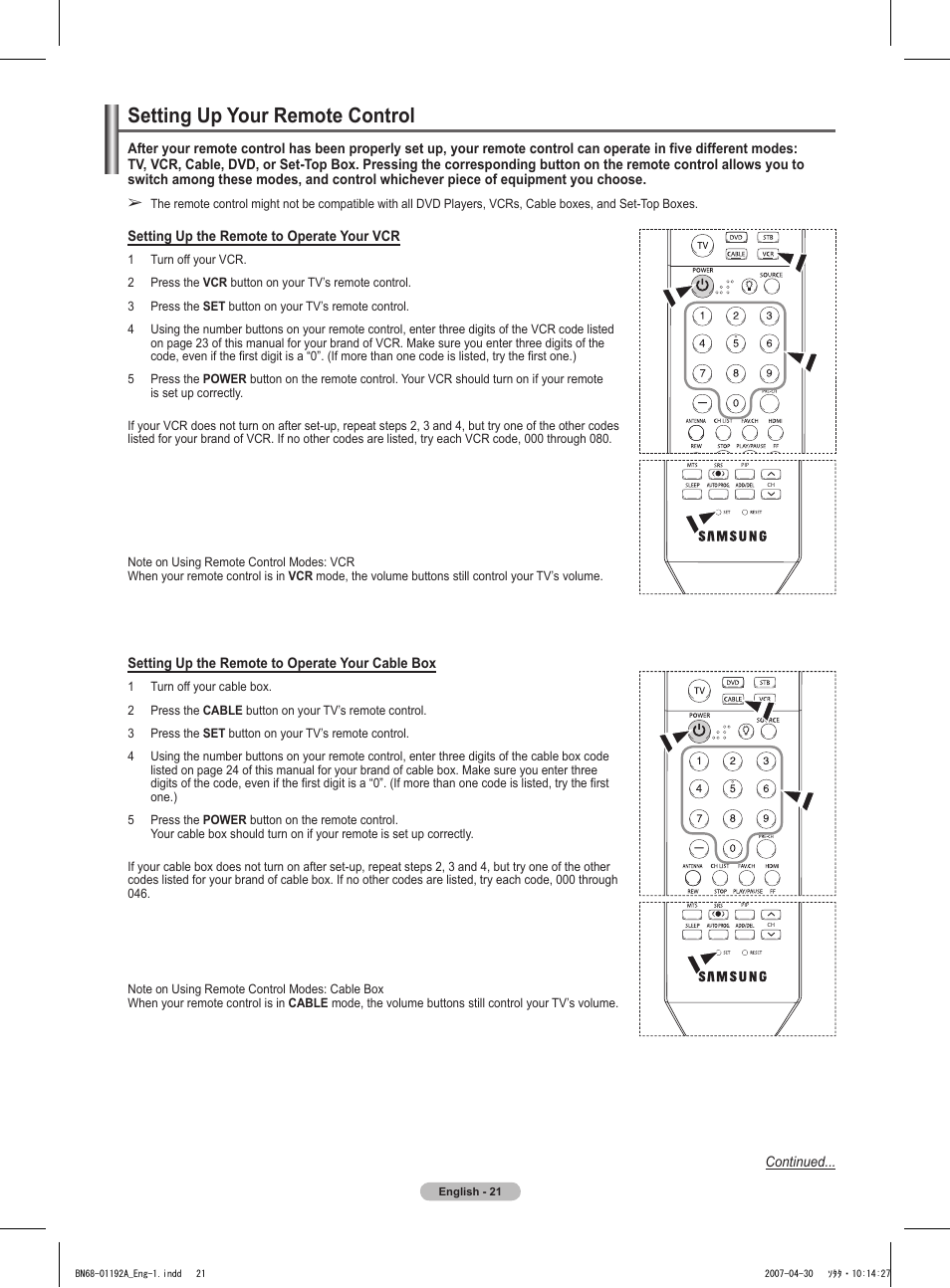 Setting up your remote control | Samsung HPT4234X-XAA User Manual | Page 21 / 136