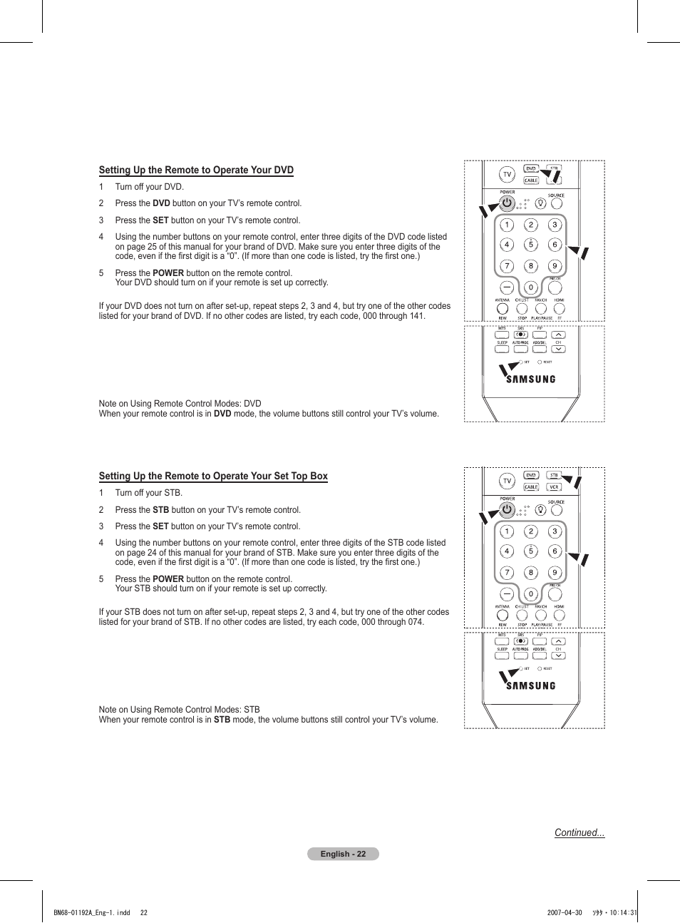 Setting up the remote to operate your dvd, Setting up the remote to operate your set top box, Continued | Samsung HPT4234X-XAA User Manual | Page 22 / 136