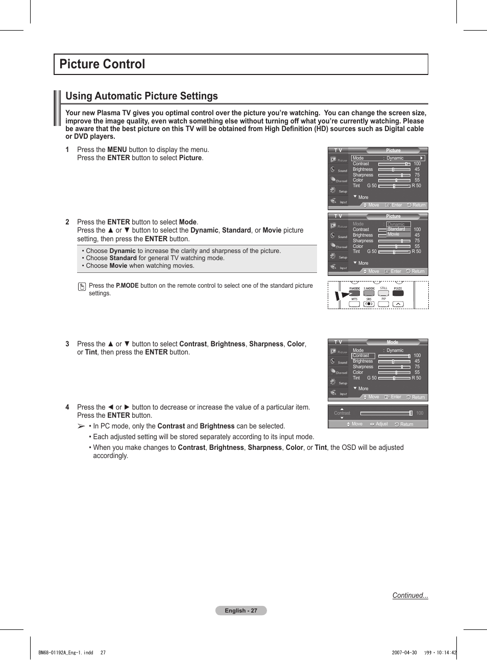 Picture control, Using automatic picture settings | Samsung HPT4234X-XAA User Manual | Page 27 / 136