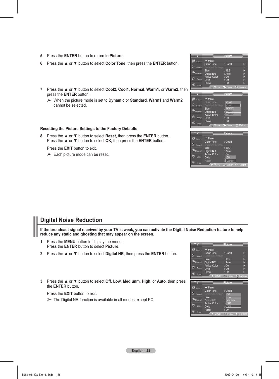 Digital noise reduction, Each picture mode can be reset | Samsung HPT4234X-XAA User Manual | Page 28 / 136