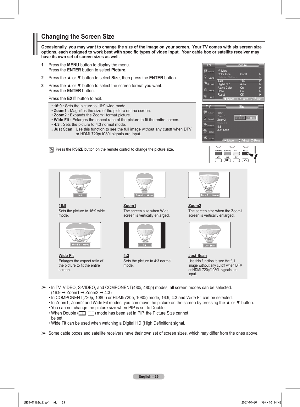 Changing the screen size | Samsung HPT4234X-XAA User Manual | Page 29 / 136