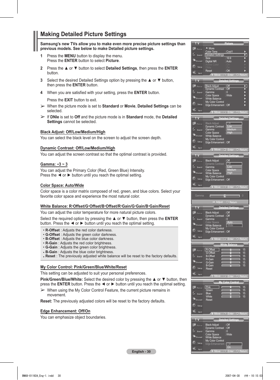 Making detailed picture settings | Samsung HPT4234X-XAA User Manual | Page 30 / 136