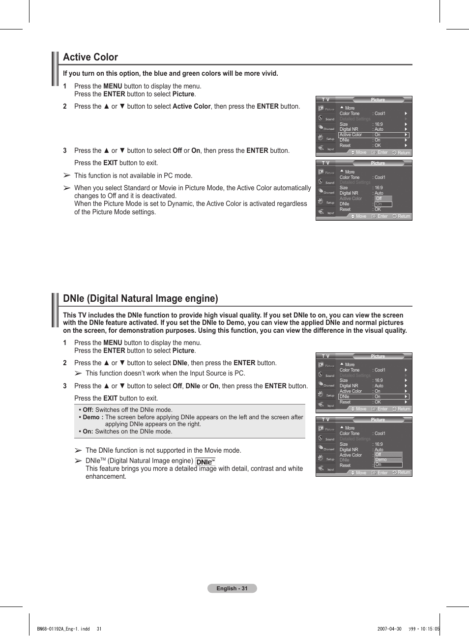 Active color, Dnie (digital natural image engine), This function is not available in pc mode | Dnie | Samsung HPT4234X-XAA User Manual | Page 31 / 136