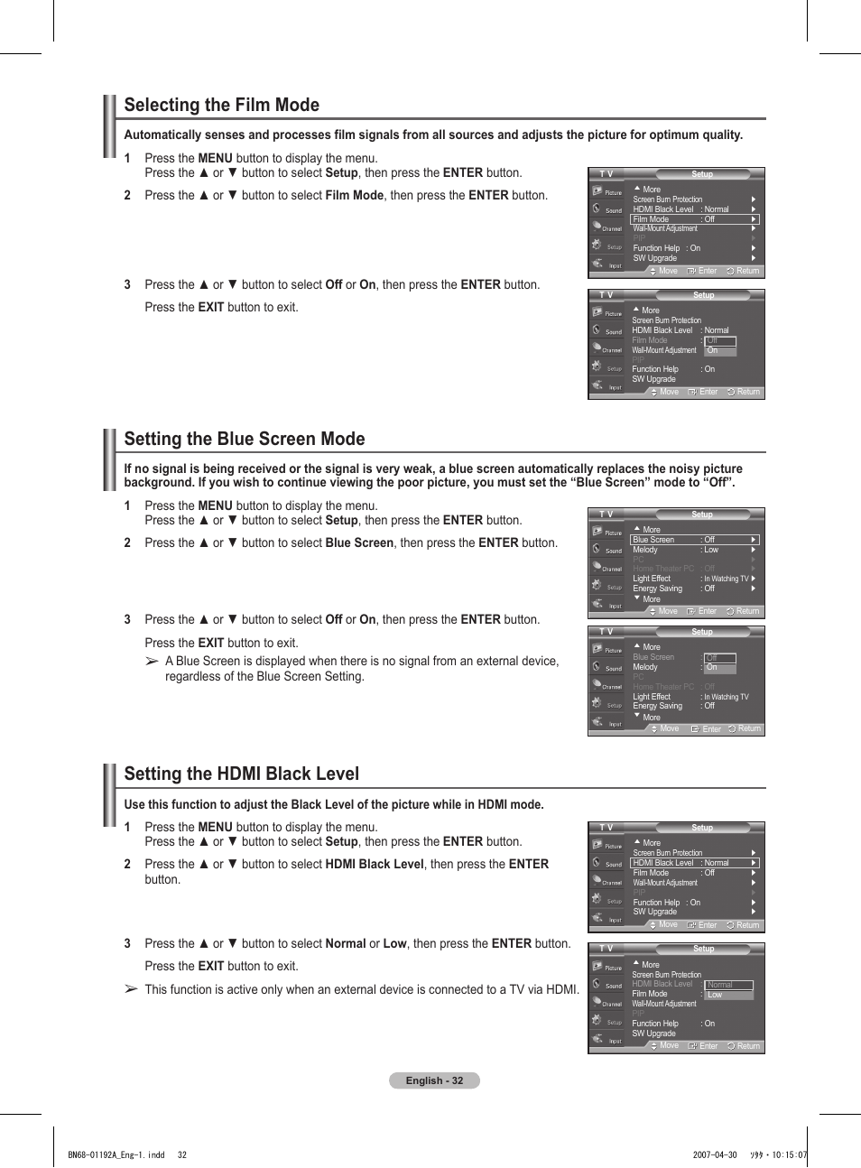 Selecting the film mode, Setting the hdmi black level, Setting the blue screen mode | Samsung HPT4234X-XAA User Manual | Page 32 / 136