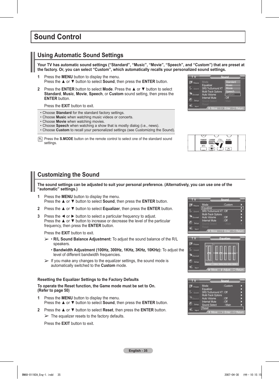 Sound control, Using automatic sound settings, Customizing the sound | Samsung HPT4234X-XAA User Manual | Page 35 / 136