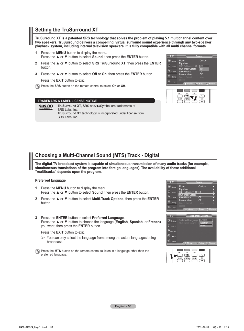 Setting the trusurround xt | Samsung HPT4234X-XAA User Manual | Page 36 / 136