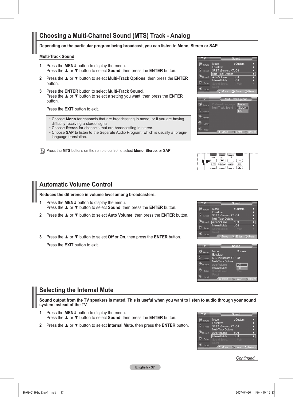 Automatic volume control, Selecting the internal mute | Samsung HPT4234X-XAA User Manual | Page 37 / 136