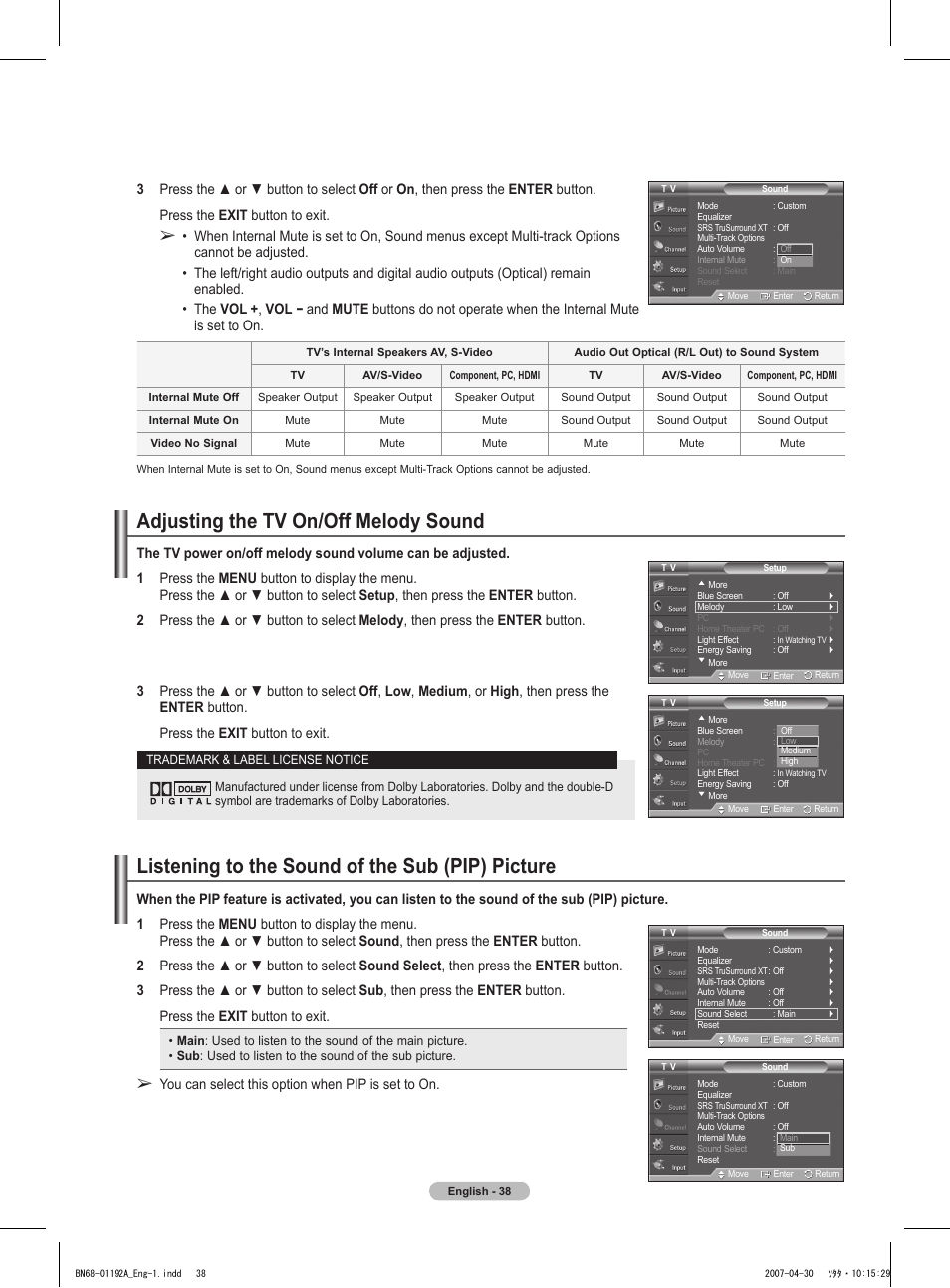 Adjusting the tv on/off melody sound, Listening to the sound of the sub (pip) picture, You can select this option when pip is set to on | Samsung HPT4234X-XAA User Manual | Page 38 / 136