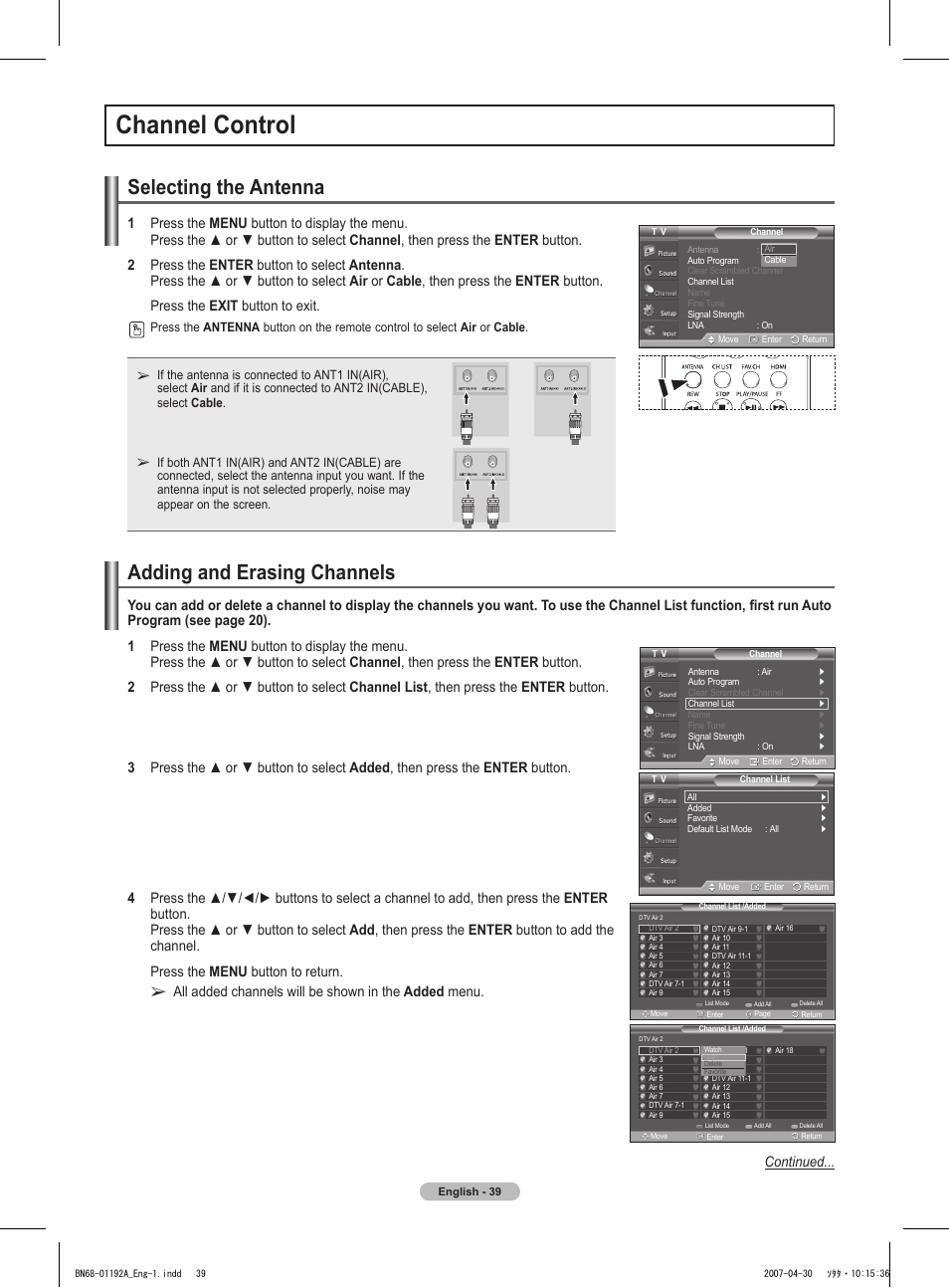 Channel control, Selecting the antenna, Adding and erasing channels | Samsung HPT4234X-XAA User Manual | Page 39 / 136