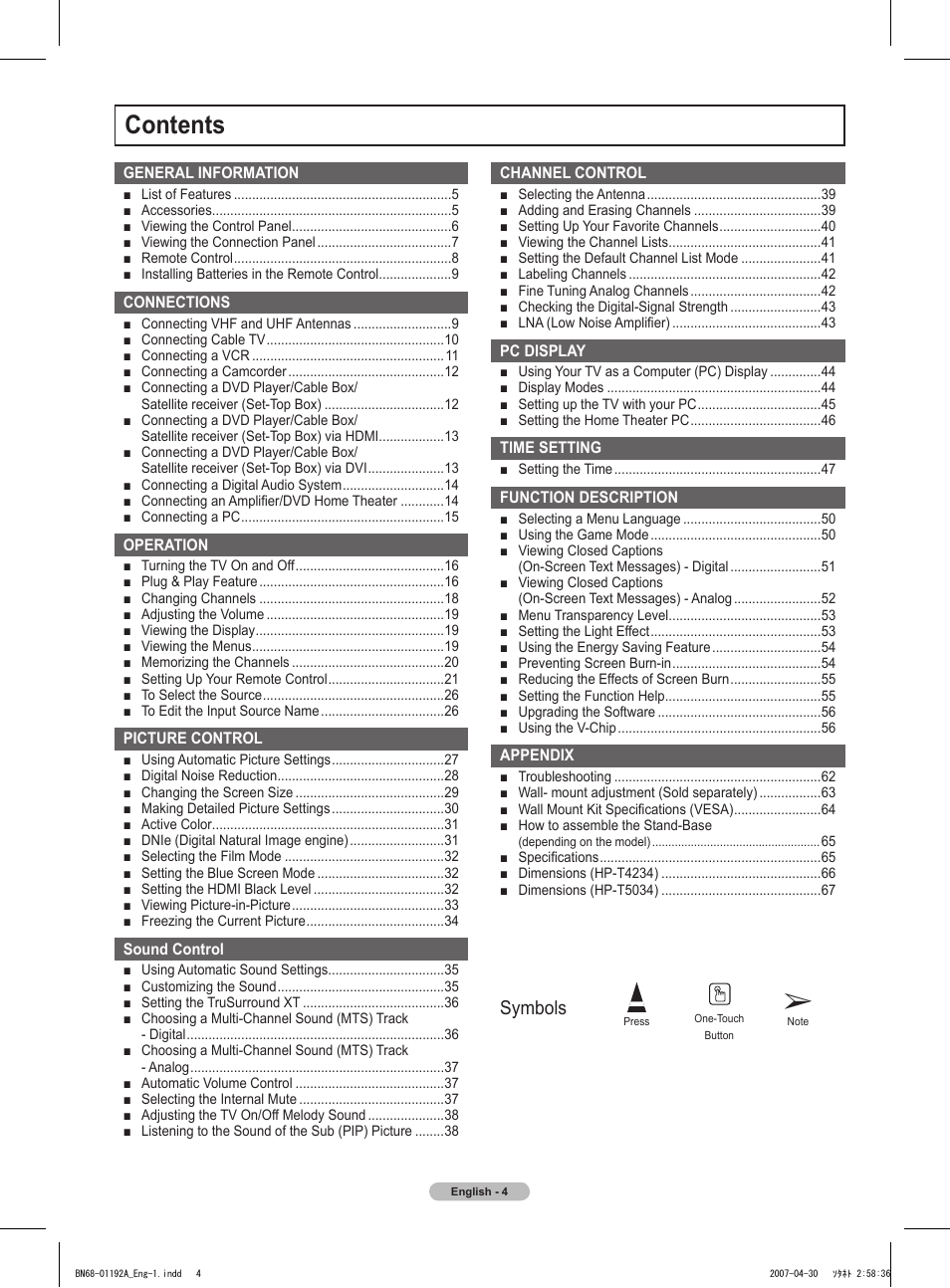 Samsung HPT4234X-XAA User Manual | Page 4 / 136