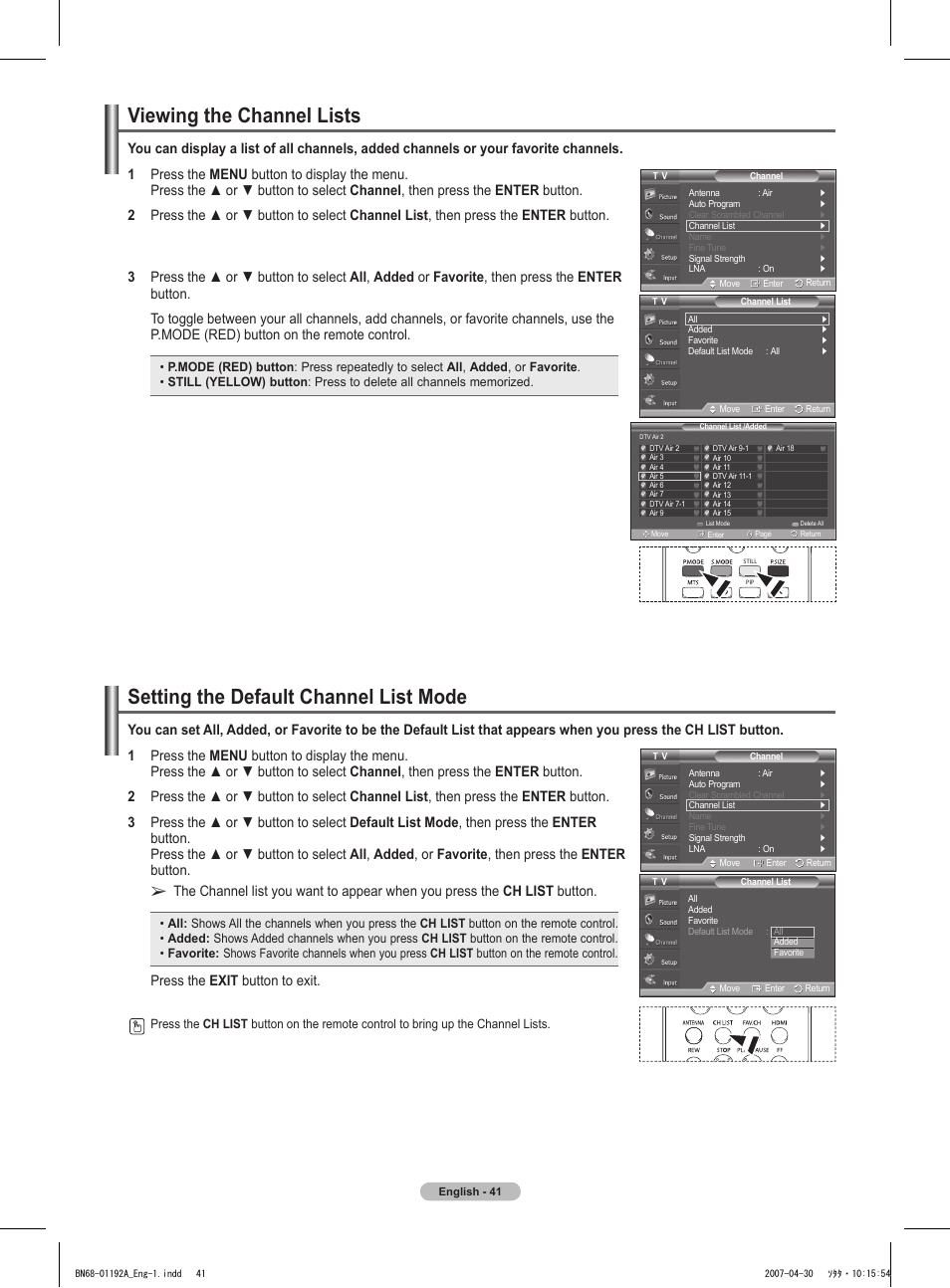 Viewing the channel lists, Setting the default channel list mode, Press the exit button to exit | Samsung HPT4234X-XAA User Manual | Page 41 / 136