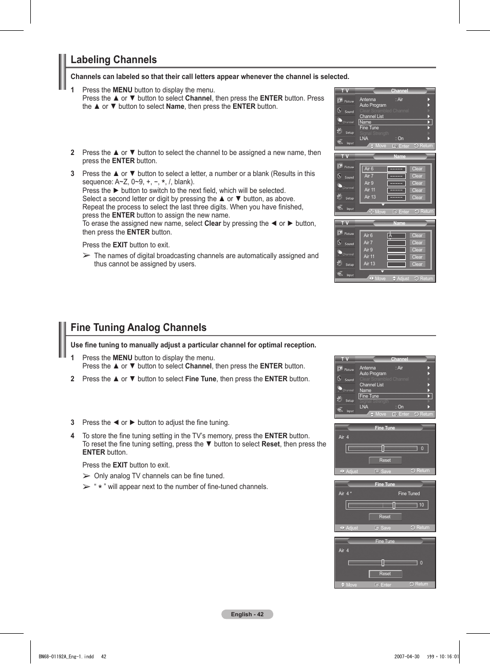 Labeling channels, Fine tuning analog channels | Samsung HPT4234X-XAA User Manual | Page 42 / 136
