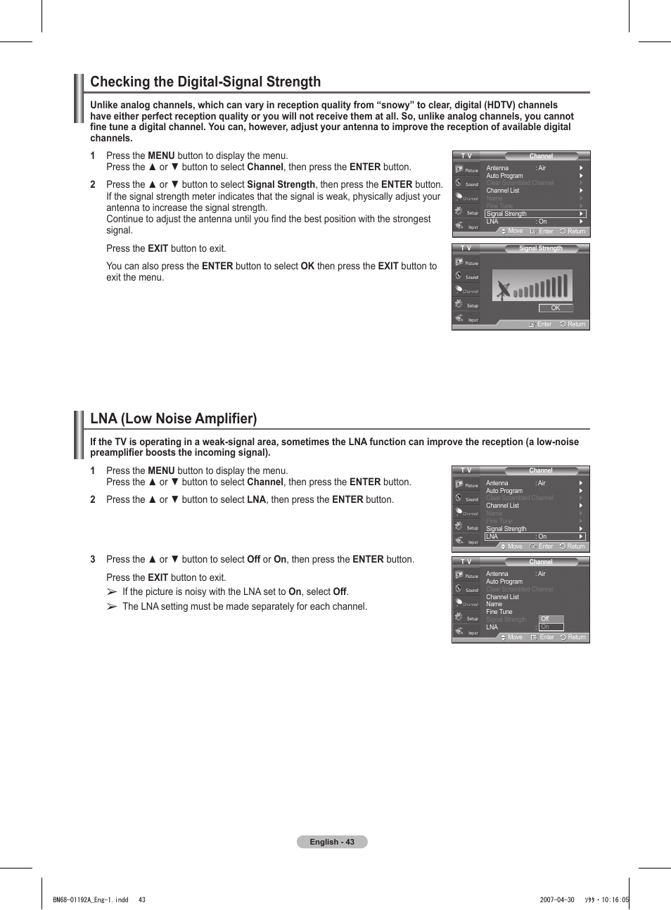 Checking the digital-signal strength, Lna (low noise amplifier) | Samsung HPT4234X-XAA User Manual | Page 43 / 136