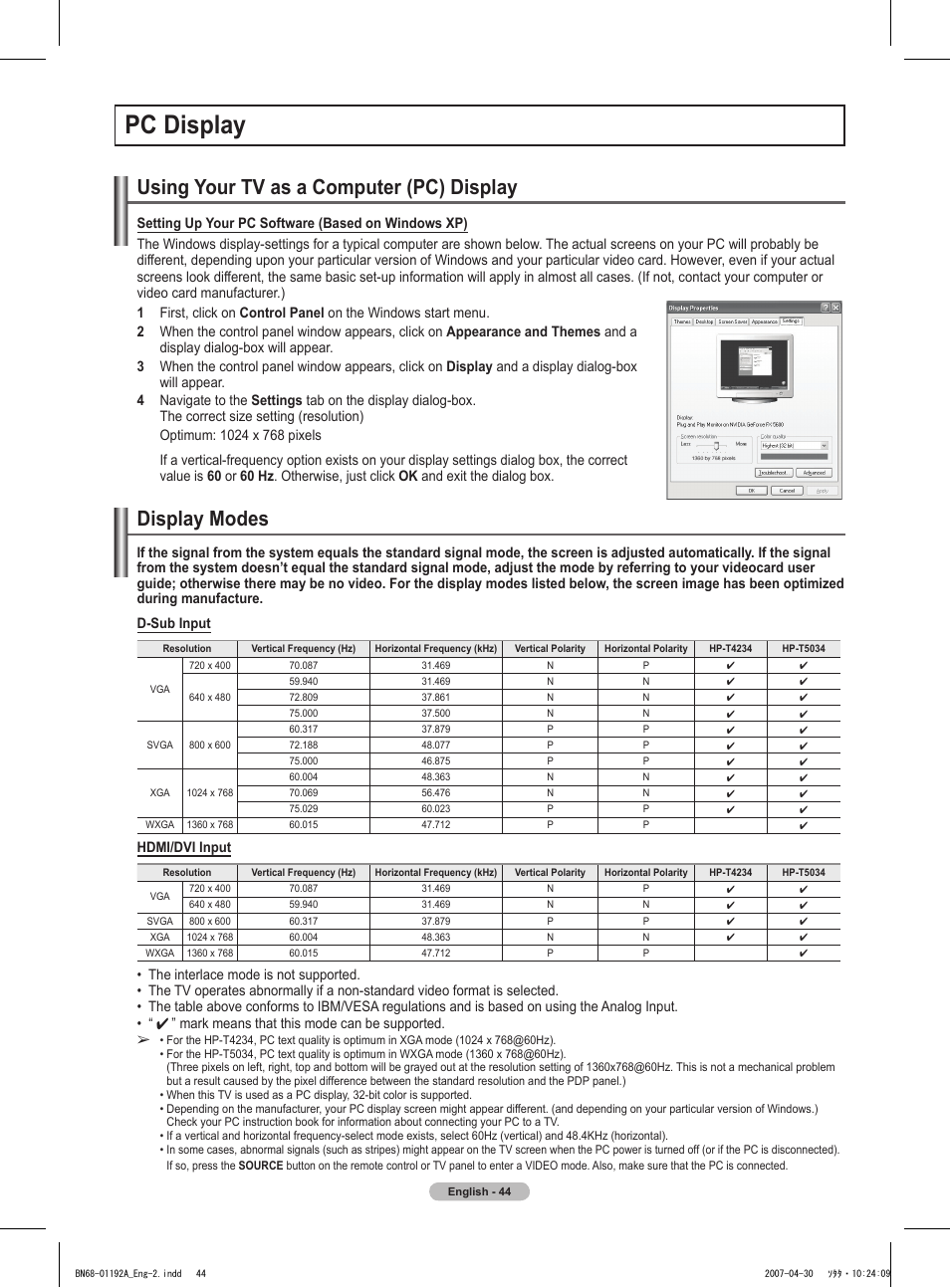 Pc display, Using your tv as a computer (pc) display, Display modes | Samsung HPT4234X-XAA User Manual | Page 44 / 136