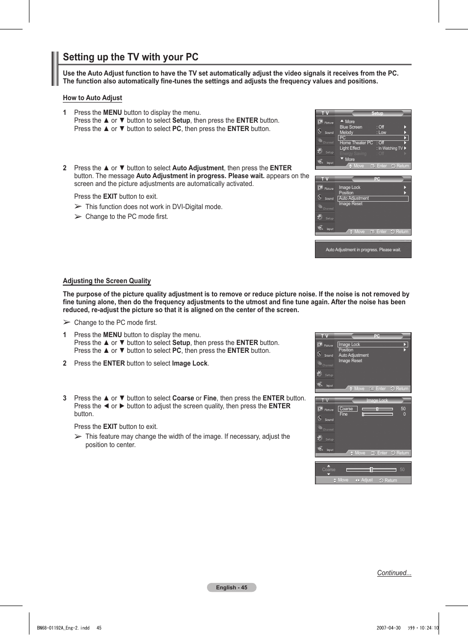 Setting up the tv with your pc | Samsung HPT4234X-XAA User Manual | Page 45 / 136