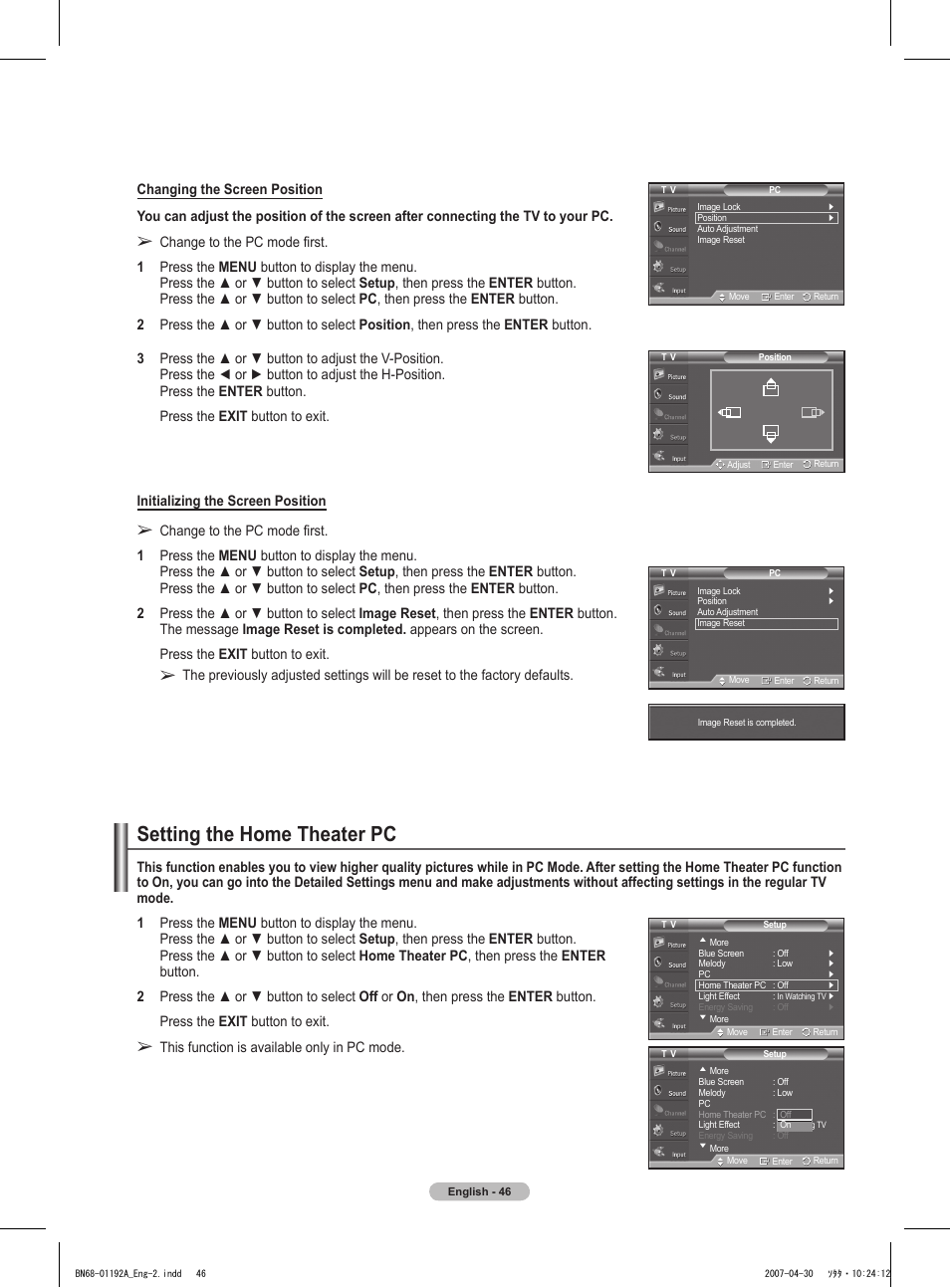 Setting the home theater pc | Samsung HPT4234X-XAA User Manual | Page 46 / 136