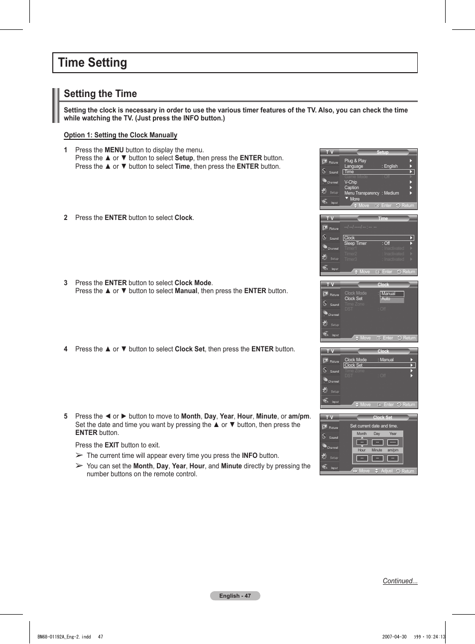 Time setting, Setting the time | Samsung HPT4234X-XAA User Manual | Page 47 / 136