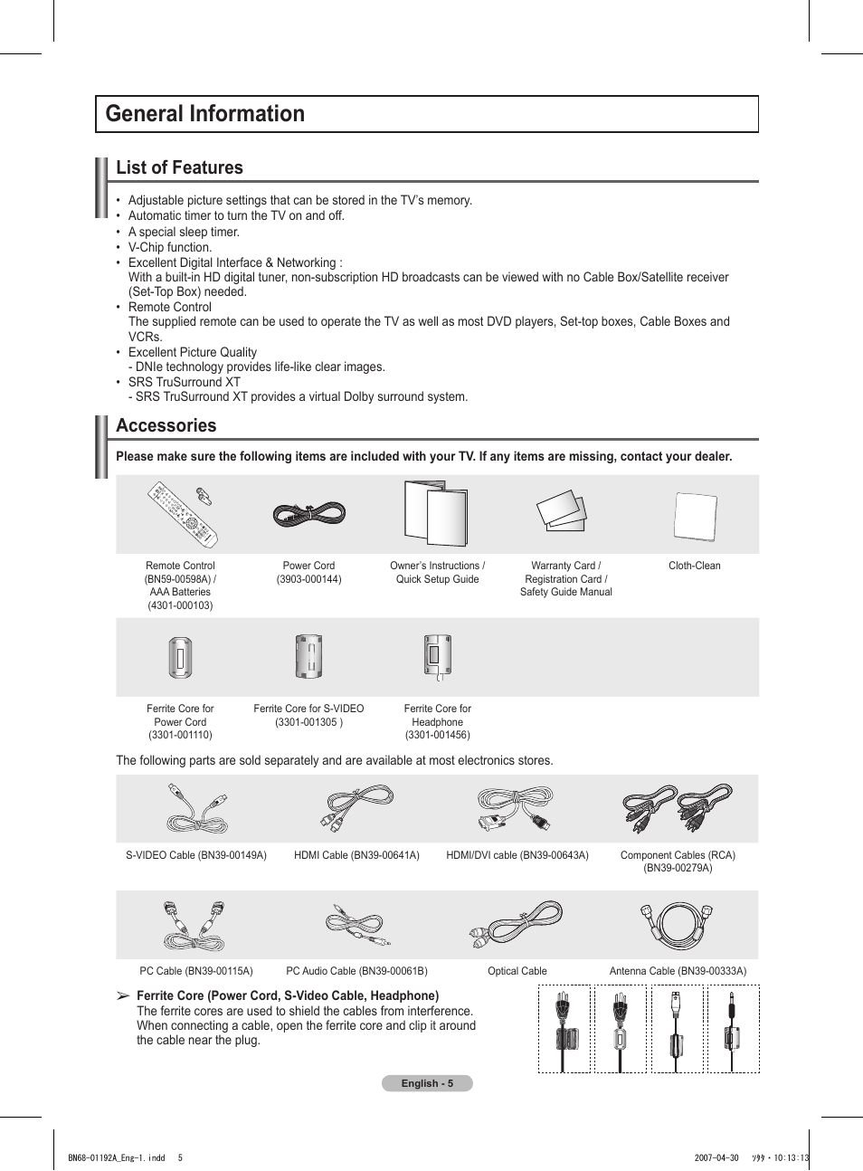 General information, List of features, Accessories | Samsung HPT4234X-XAA User Manual | Page 5 / 136