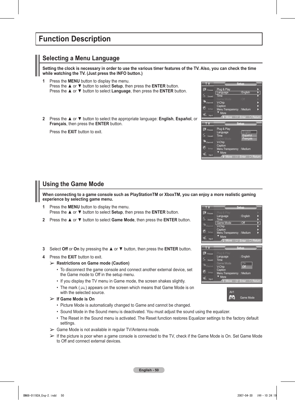 Function description, Selecting a menu language, Using the game mode | Samsung HPT4234X-XAA User Manual | Page 50 / 136