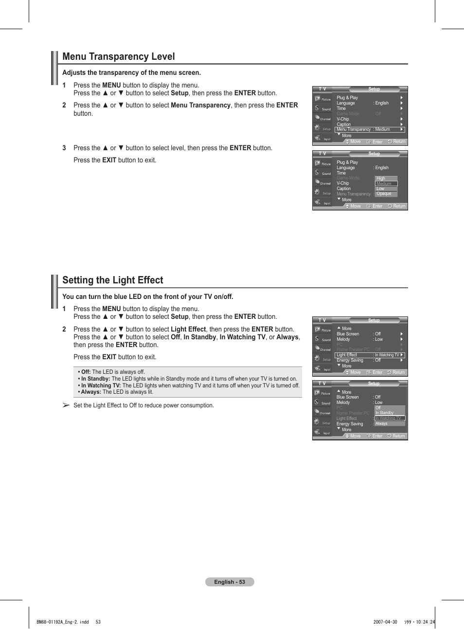 Menu transparency level, Setting the light effect | Samsung HPT4234X-XAA User Manual | Page 53 / 136