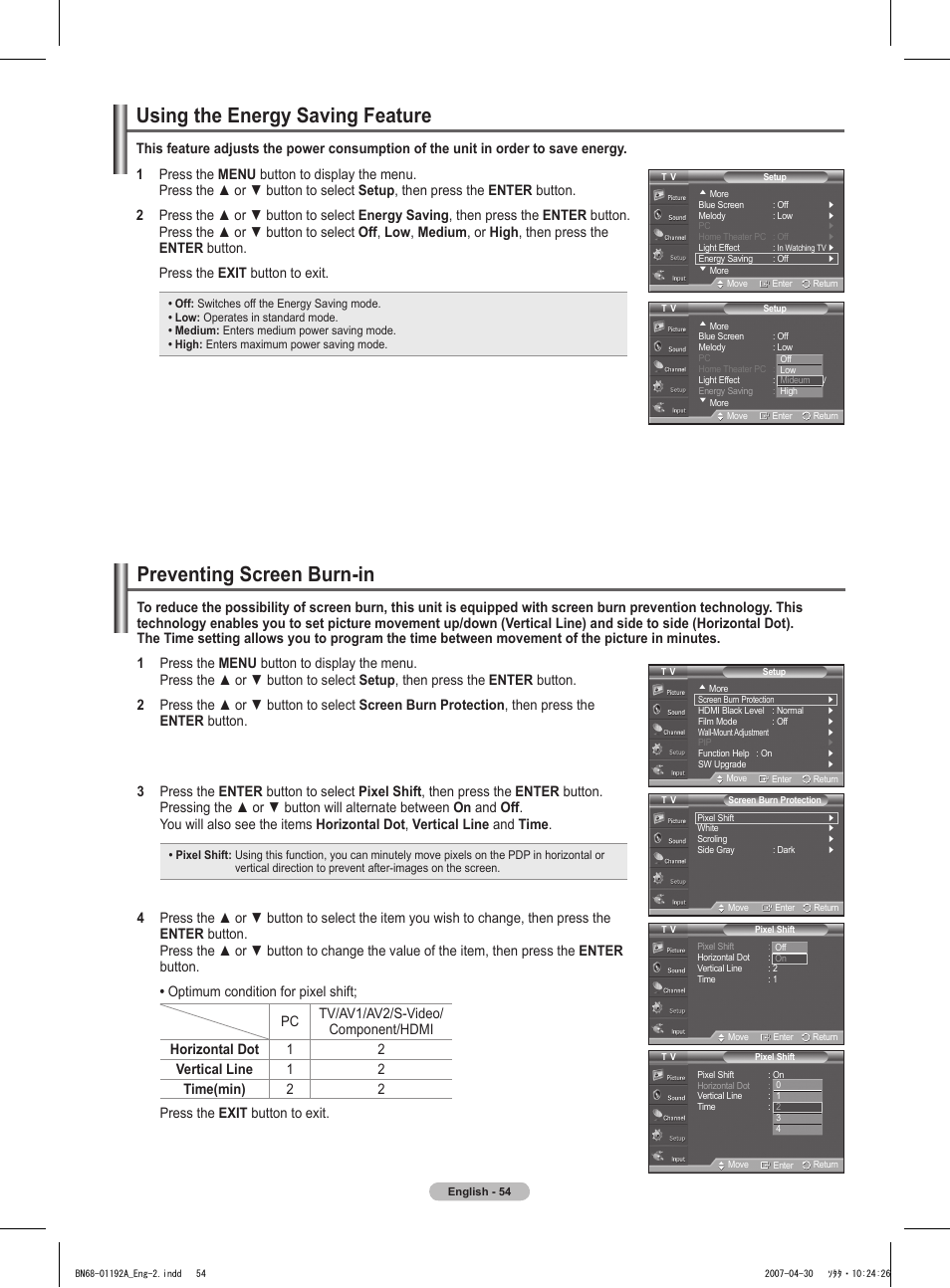 Using the energy saving feature, Preventing screen burn-in | Samsung HPT4234X-XAA User Manual | Page 54 / 136