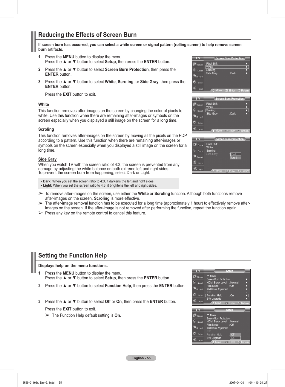 Reducing the effects of screen burn, Setting the function help | Samsung HPT4234X-XAA User Manual | Page 55 / 136