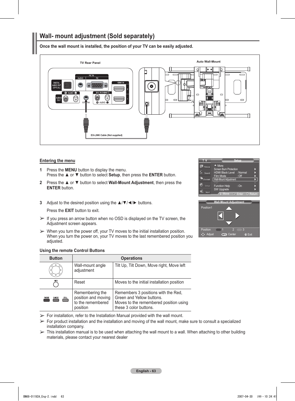 Wall- mount adjustment (sold separately) | Samsung HPT4234X-XAA User Manual | Page 63 / 136