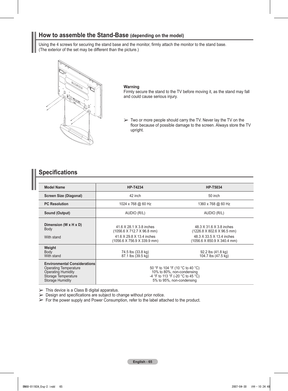 Specifications, How to assemble the stand-base | Samsung HPT4234X-XAA User Manual | Page 65 / 136