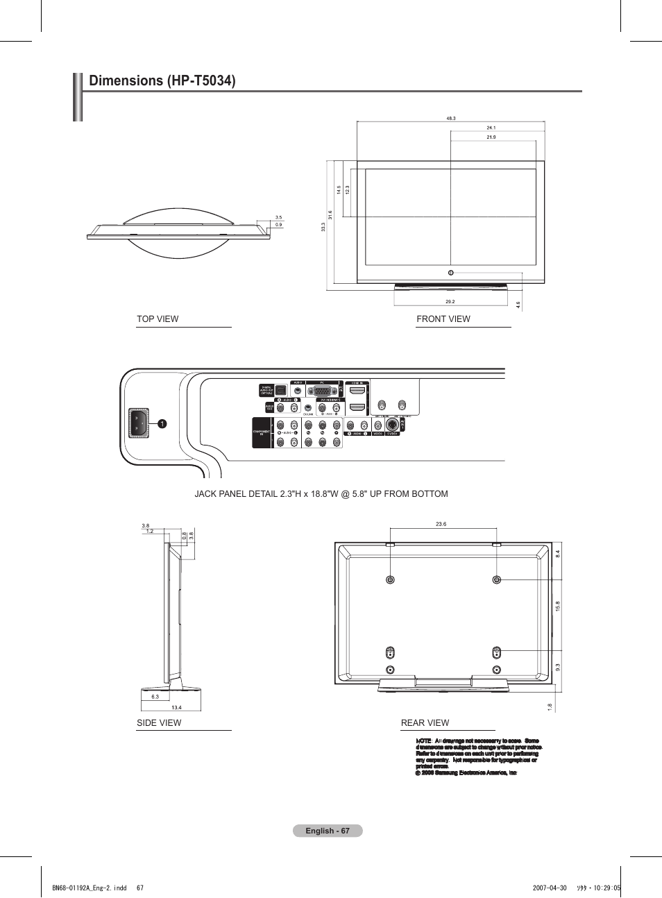 Dimensions (hp-t5034) | Samsung HPT4234X-XAA User Manual | Page 67 / 136