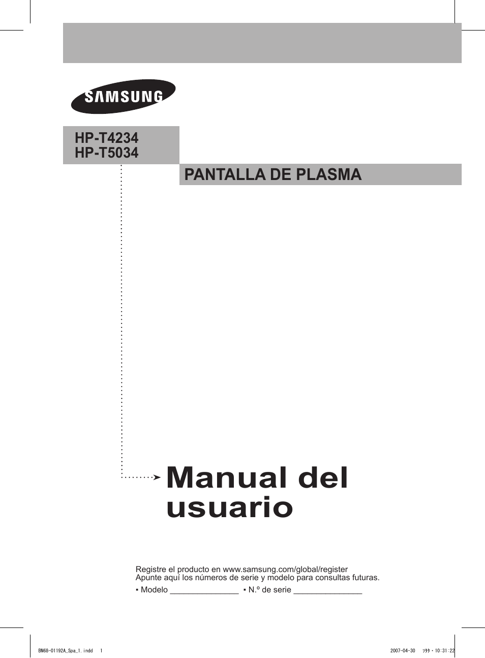 Manual del usuario, Pantalla de plasma | Samsung HPT4234X-XAA User Manual | Page 69 / 136