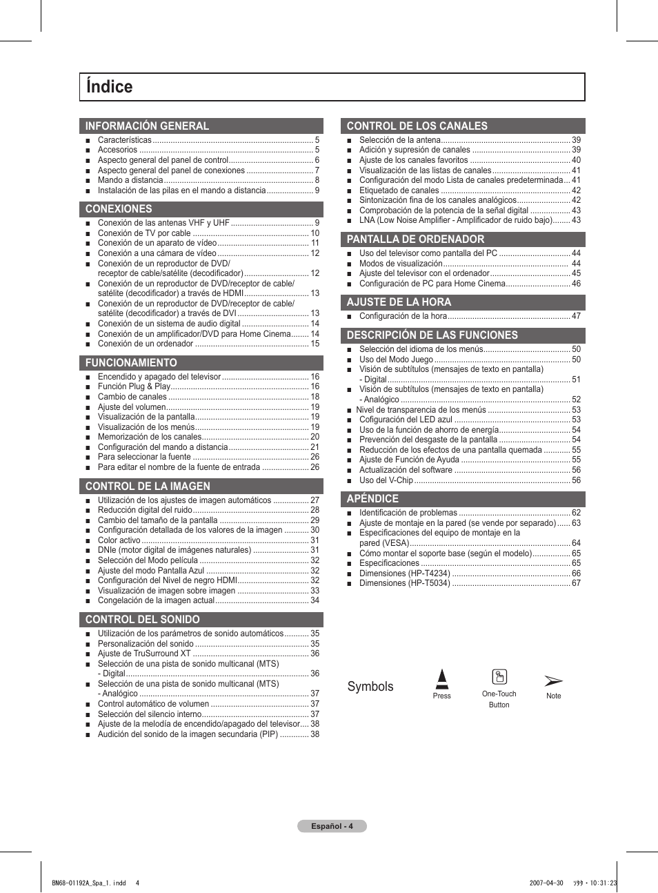 Índice, Symbols | Samsung HPT4234X-XAA User Manual | Page 72 / 136
